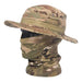 Greenish-tan camo hat with matching face cover (close-up view).