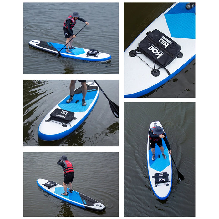 Multiple angles of the paddleboard in use, showcasing the attached storage bag on the board.