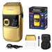 The complete gold Kemei shaver package, including the shaver, USB charging cable, protective cap, cleaning brush, carrying case, and the product box.