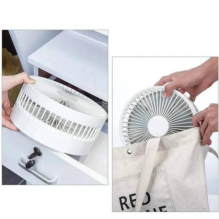 Collapsible white fan being placed in a drawer and a bag.