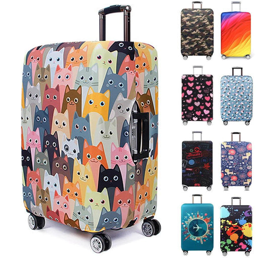 A collection of suitcases covered in various colorful and playful designs, including a cat pattern, camouflage, hearts, flowers, and other vibrant abstract designs, all arranged neatly to showcase the different options.