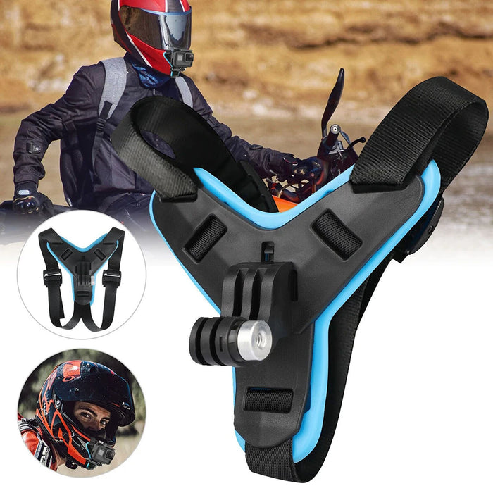 A chin mount harness for a GoPro or similar action camera, designed to attach to a motorcycle helmet, shown in front of a motorcyclist wearing a red helmet and riding gear. An inset shows a close-up of the mount attached to the chin area of the helmet.