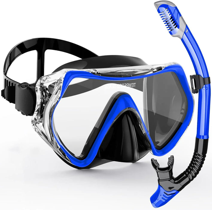 A blue snorkeling mask with an attached snorkel displayed on white background.