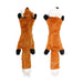 A plush dog toy resembling a brown fox with a furry tail, shown from the front and the back.