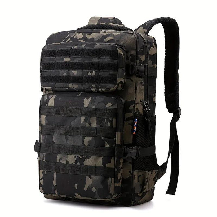 A close-up view of the camo-patterned backpack variant, highlighting the same MOLLE webbing system and its rugged build. This view gives a better sense of the backpack’s robust and tactical design, making it ideal for heavy-duty use.