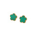 A gold earrings, designed with a flower-shaped pendant with a green center.