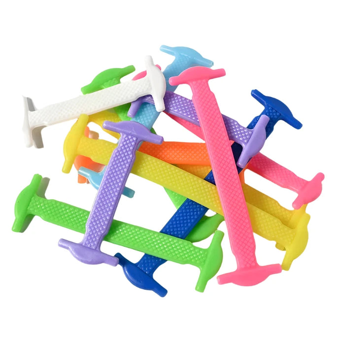 Sixteen silicone shoelaces in different sizes and mix colors, neatly organized in pairs on a white background.