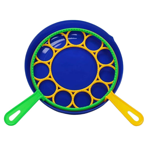  Close-up of the blue tray filled with bubble solution and a green and yellow bubble wand resting inside it.