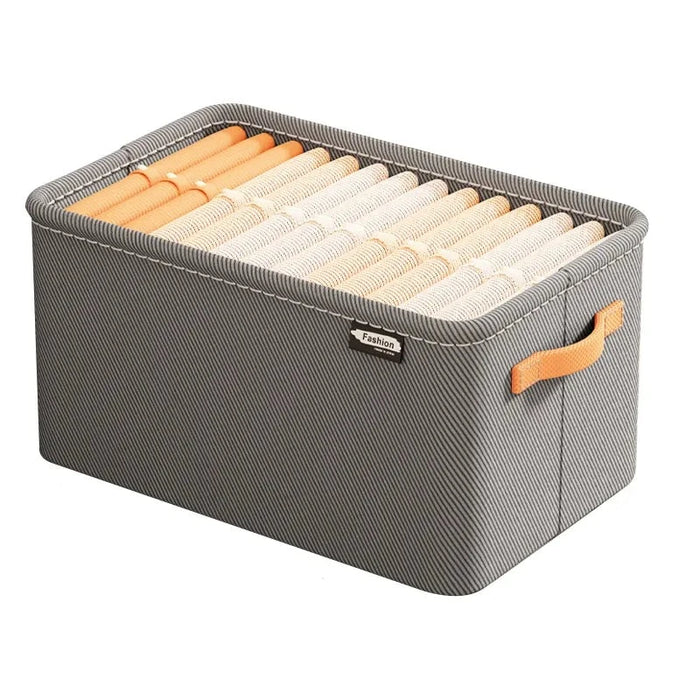 A larger gray organizer filled with more rolled items, emphasizing its spaciousness. The handles and fabric texture are clearly visible.