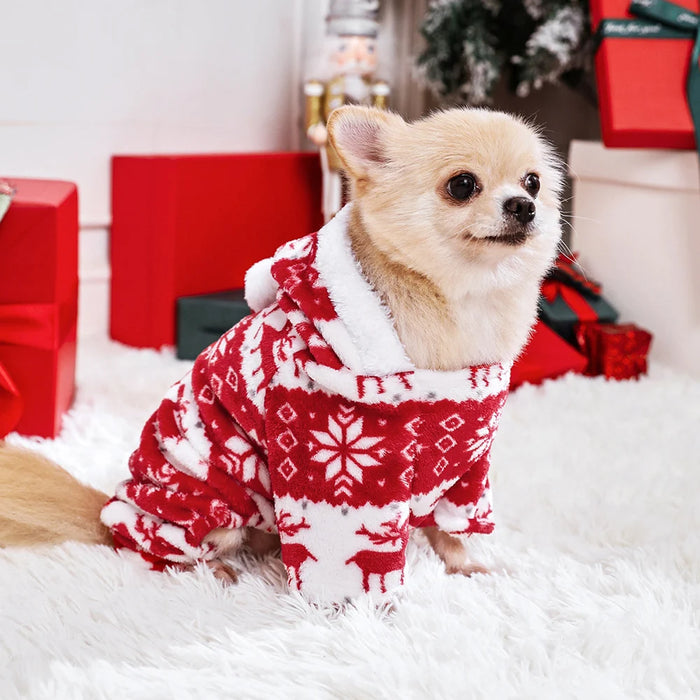 Fleece Christmas Pet Pajamas, Soft & Warm, Perfect for Small & Medium Pets, Ideal for Holiday Photos, Available in Red, Blue, Brown, Pink