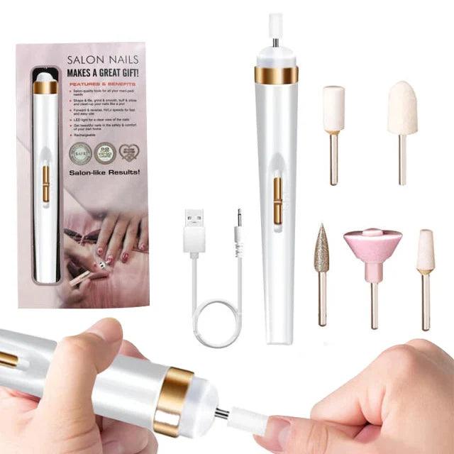 a white nail drill set with gold accents, including various drill bits, a USB charging cable, and the packaging box labeled "Salon Nails."