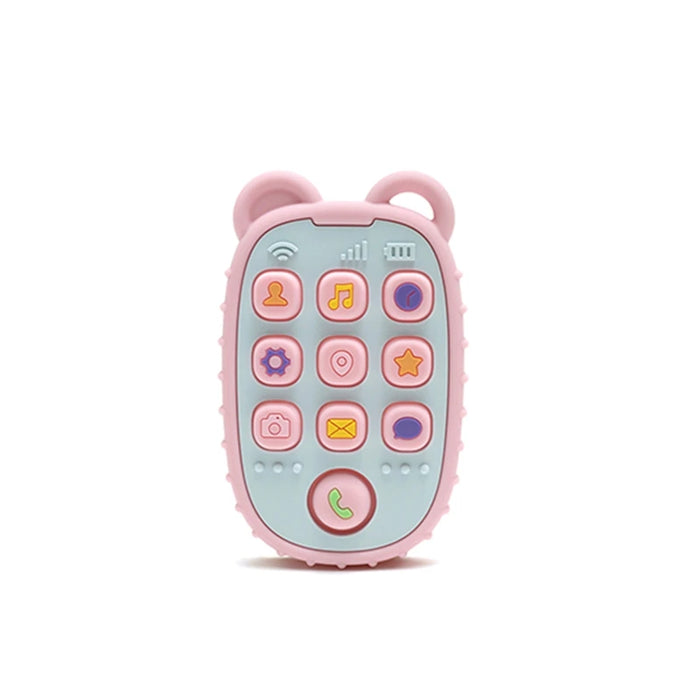 A pink silicone teether designed to look like a phone with colorful buttons and two small loops at the top resembling bear ears.