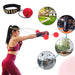 A woman practicing with a boxing reflex ball, wearing a headband connected to a red ball on an elastic string. Surrounding the image are circles showing various training environments.