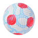 White soccer ball with red and blue abstract pattern.