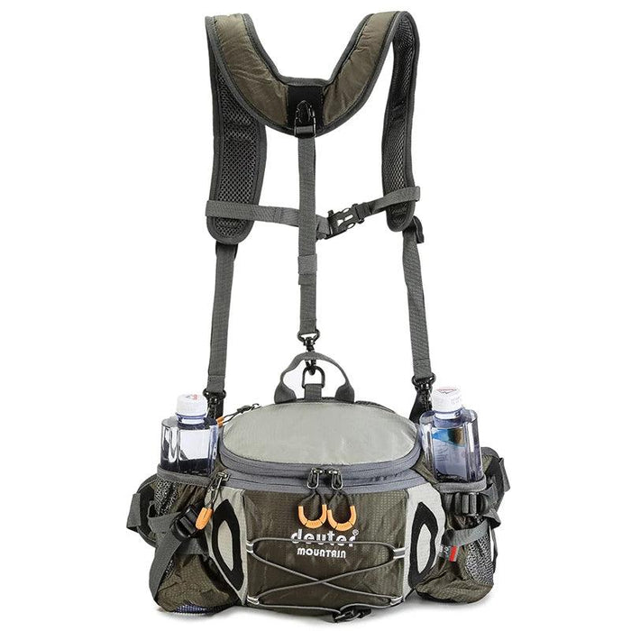 A front view of the green waist pack highlights its various compartments and storage features. The pack includes multiple zippered pockets, elastic cords for additional gear storage, and dedicated bottle holders on each side. The harness system includes padded shoulder straps for additional support, ensuring comfort during long treks.