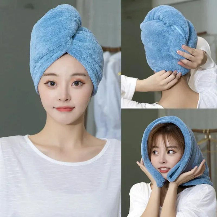 A woman demonstrating how to use the blue hooded towel. The images show her wrapping the towel around her head and securing it with the bear-shaped button.