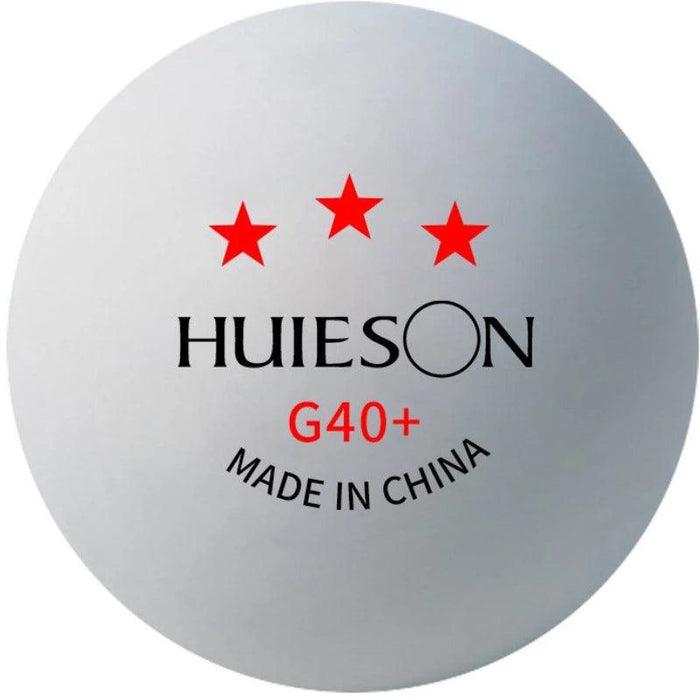 White Huieson G40+ table tennis ball with three red stars and "Made in China" text.