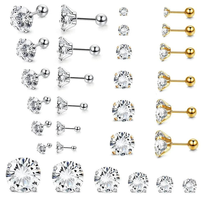 Stainless Steel Zircon Stud Earrings, Dazzling Sparkle, Unisex, Hypoallergenic, Durable, Screw-Back, Multiple Sizes & Colors