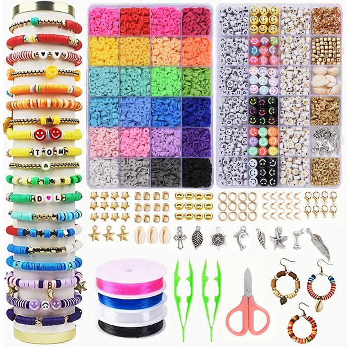 A comprehensive view of the jewelry-making kit with a focus on the variety of colorful beads, tools, and accessories included. The image shows the kit's versatility and the range of jewelry that can be made using it.