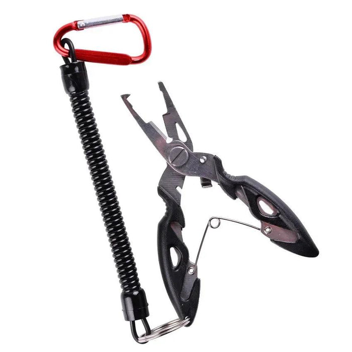 A pair of black fishing pliers with a coiled lanyard attached to a red carabiner, designed for easy access and securing the tool.