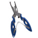 A pair of fishing pliers with blue handles, featuring a multi-functional design including a line cutter and split ring opener.