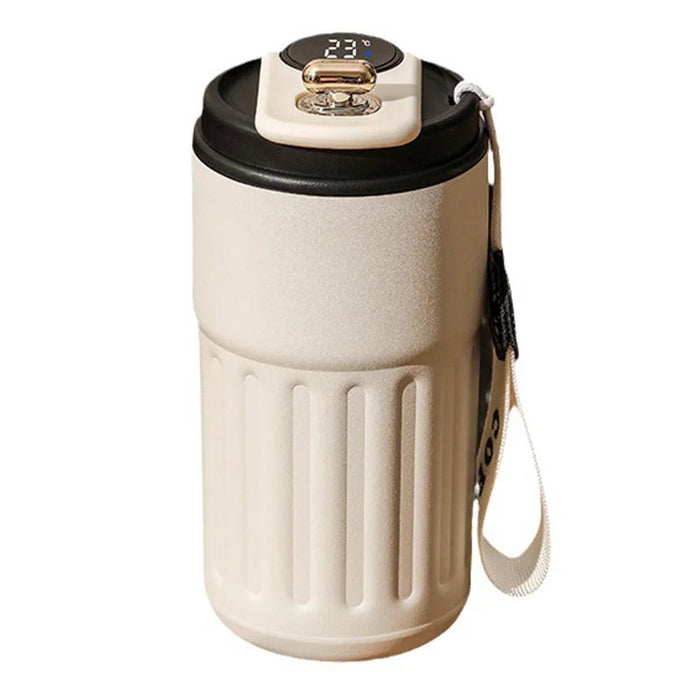 A single white thermal coffee mug with a digital temperature display and a leather tag labeled "COFFEE."