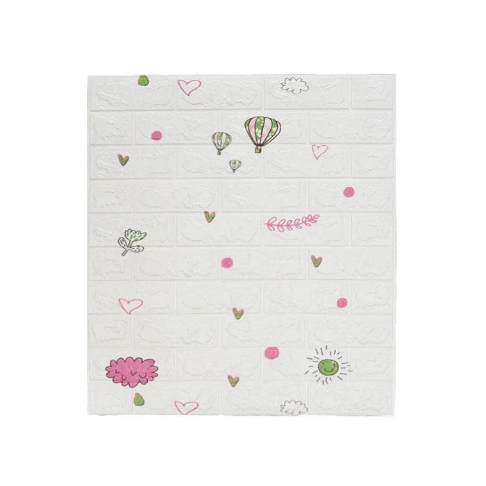 A white wall panel with whimsical designs of hot air balloons, hearts, and flowers in pink and green.