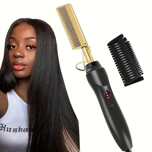 The electric hair straightening comb next to a woman with long, straightened hair.