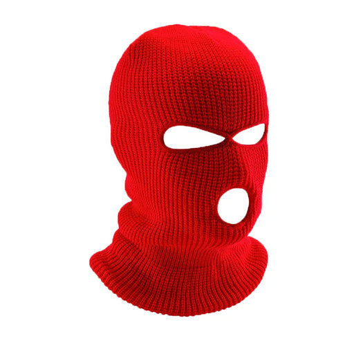 The red ski mask shown upright, displaying its full form with eye and mouth holes.