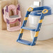 Two toddler toilet seats with attached step ladders: one pink and purple folded and leaning against a wooden surface, and one blue and yellow set up on a white toilet.