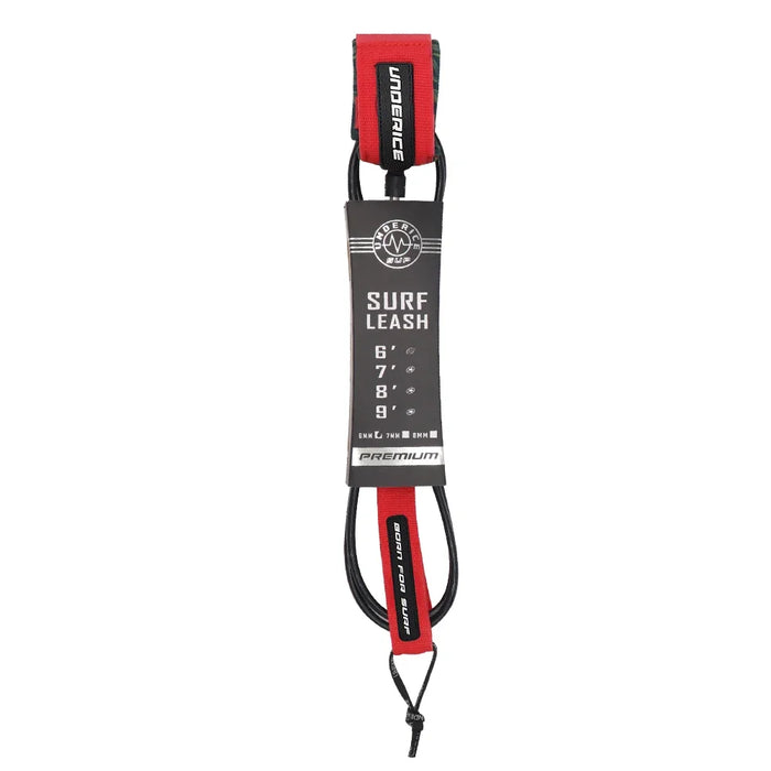 A packaged red surf leash labeled "Surf Leash" with size options.