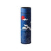 A tall, cylindrical thermos with a blue body, adorned with illustrations of flying cranes and ocean waves. The lid, placed next to the thermos, displays a digital temperature reading of 19°C.