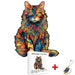 A colorful wooden puzzle of a cat with vivid, swirling patterns, presented with an A4 size box and a keychain.