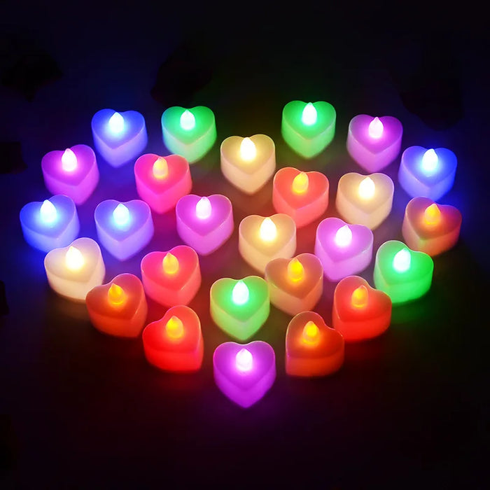 A heart-shaped LED tea light candles in multiple colors, arranged in a heart pattern. The colorful lights are vividly displayed against a dark background, adding a playful and lively feel.