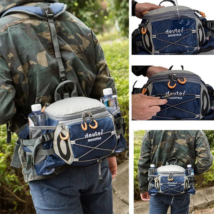 A compilation of different angles of the waist pack, showing its versatility in action. The pack’s design is both functional and comfortable, ideal for hands-free carrying of supplies while keeping everything within easy reach.