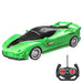 A sleek, green sports car with black accents and an accompanying remote control.