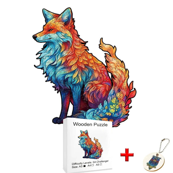 A detailed wooden puzzle of a fox with a mix of warm and cool colors, including an A4 size box and a keychain.