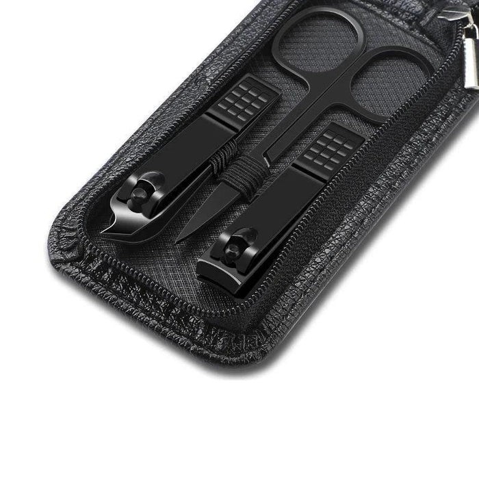 Black manicure set in a zippered case, including clippers, scissors, and other tools.