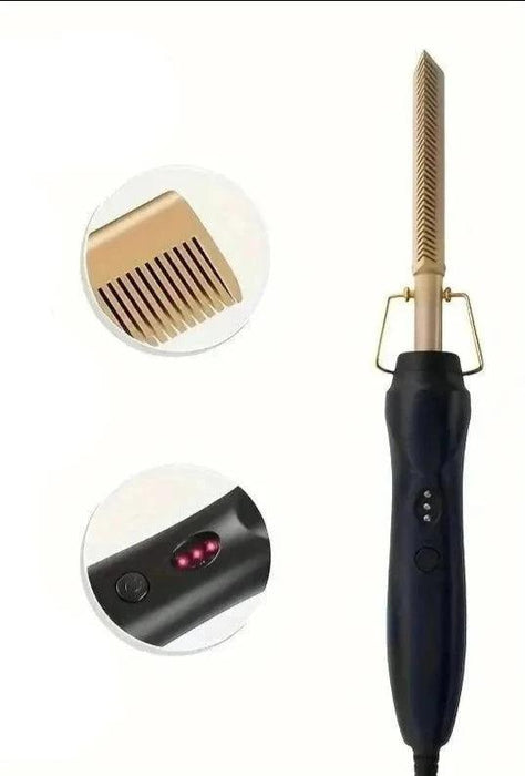 Close-up of the gold comb head and control buttons on the electric hair straightening comb.