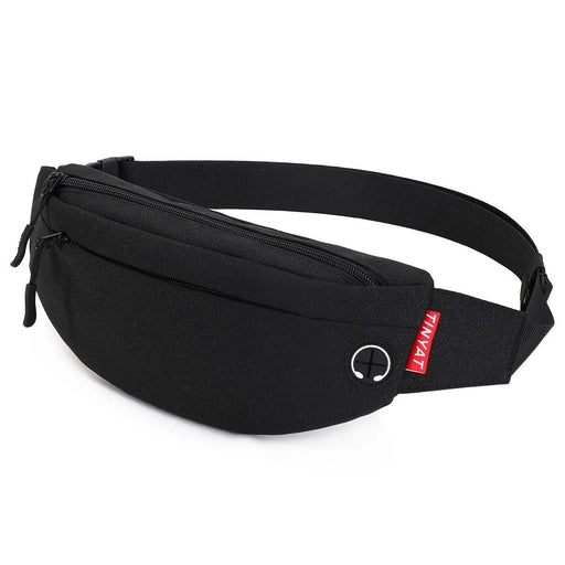 A black fanny pack with a front zipper pocket and a headphone hole, showcasing its classic and functional design.