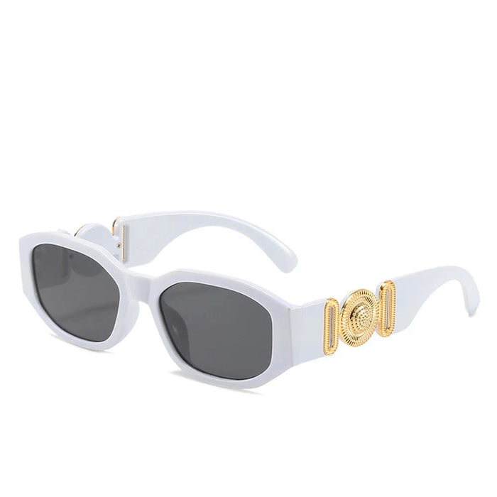 White sunglasses with gold accents on the arms, showcasing the full frame and design, displayed on a white background.