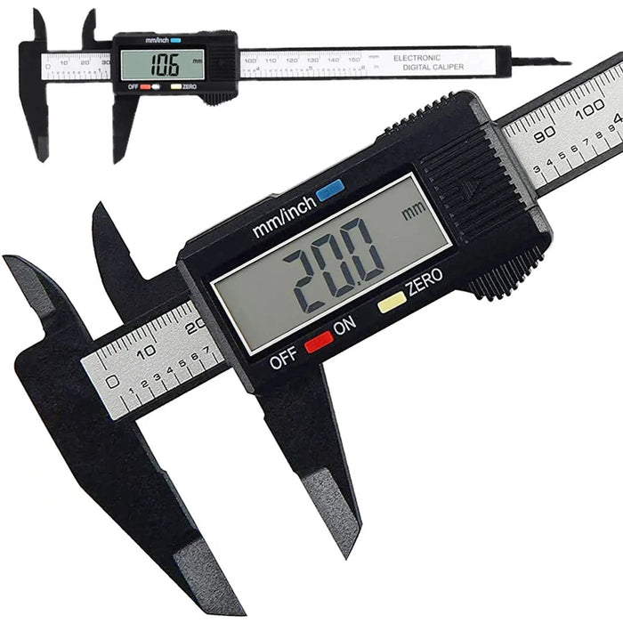 A digital caliper with the display showing a measurement of "20.0" mm and another digital caliper at the top left that showing "10.6" mm on the display. This tool is commonly used for precise dimensional measurements in various technical and engineering fields.