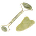 A jade roller and gua sha tool, both made from green jade stone, with golden handles.