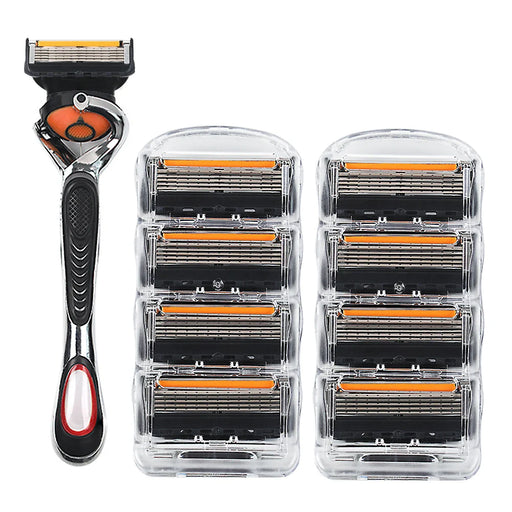 A men's razor with a black and orange handle, accompanied by eight extra razor heads in plastic cases, set against a white background.