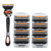 A men's razor with a black and orange handle, accompanied by eight extra razor heads in plastic cases, set against a white background.