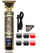 a bronze hair trimmer with detailed dragon engravings and a digital display. The package includes a USB charging cable, a cleaning brush, six clipper guards, and an additional comb attachment.