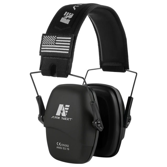 Side view of black Arm Next earmuffs, showing the comfortable headband and compact ear cups.