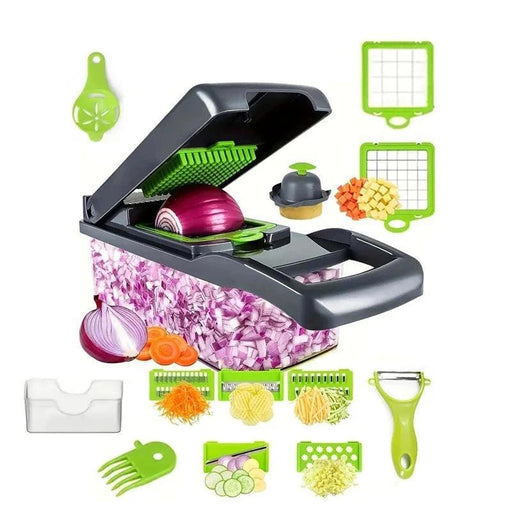 Multifunctional vegetable chopper set with attachments in bright green and black. Includes various blades for slicing onions, carrots, and other vegetables, displayed with examples of use. 