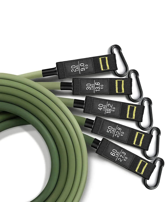 A close-up of green resistance bands with various weight levels displayed.