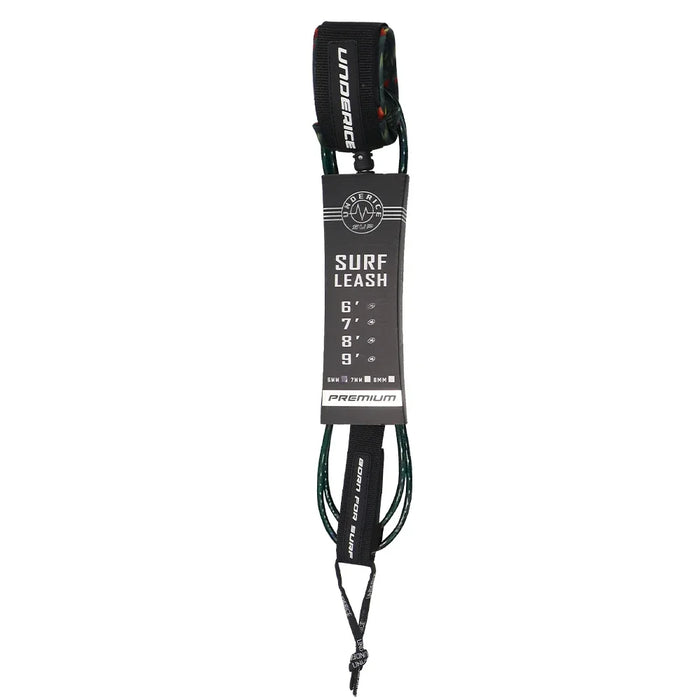 A packaged dark green surf leash labeled "Surf Leash" with size options.